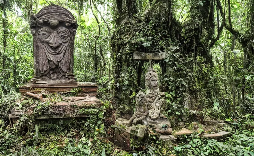 Image similar to ancient jungle altar with giant statue of SpongeBob, abandoned, overgrown, atmospheric, cgisociety