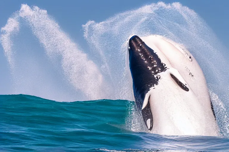 Prompt: underwater photography of a gigantic white whale jumping a wave at nazare