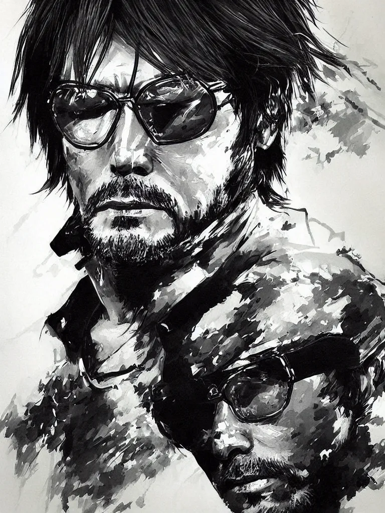 Image similar to “A centered portrait painting of hideo kojima by yoji shinkawa, trending on art station, metal gear solid”