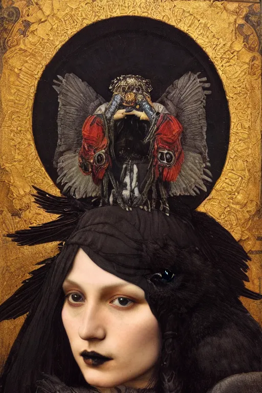 Image similar to portrait of a goth shaman with the head of a raven, by Annie Swynnerton and Nicholas Roerich and John Bauer and John William Godward and Donato Giancola and Vermeer, black leather and embroidered velvet, iridescent beetles, rich color, dramatic cinematic lighting, featured on Artstation, extremely detailed