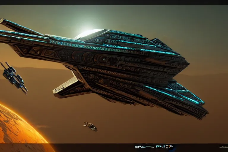 Image similar to aztec space fighter, cinematic, shadows, 4 k, detailed, by david hardy!!!!!! and greg rutowski