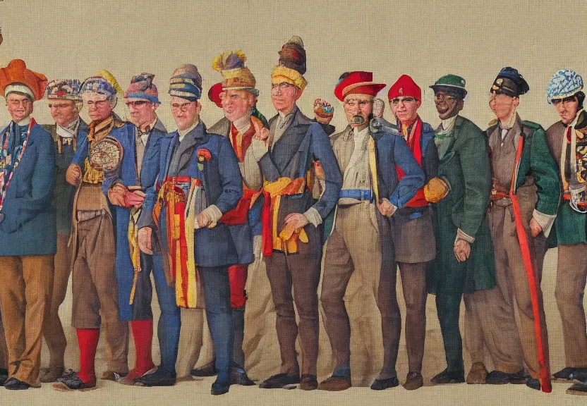 Image similar to a tapestry of men with fezes standing in ranks