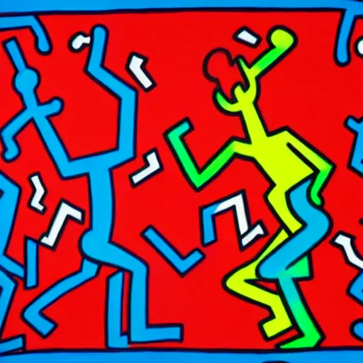 Image similar to acrylic abstract painting on canvas using primary red and blue, by keith haring