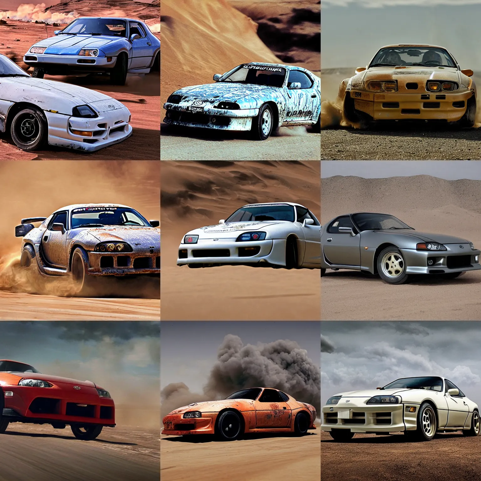 Prompt: Toyota supra in mad max, photo