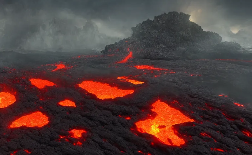 Prompt: a rocky outcrop over an ocean of lava in hell, digital landscape art, fantasy concept art, 4k, trending on artstation