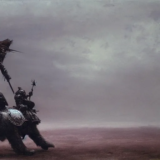 Prompt: winged hussar riding a bear in acient polish armor concept, wide shot, wide angle, beksinski, ruan jia