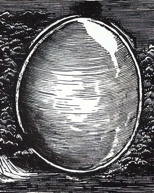 Prompt: a black and white drawing of a crystal ball surrounded by fog, a woodcut by jacques callot, pixabay, vanitas, woodcut, grotesque, logo