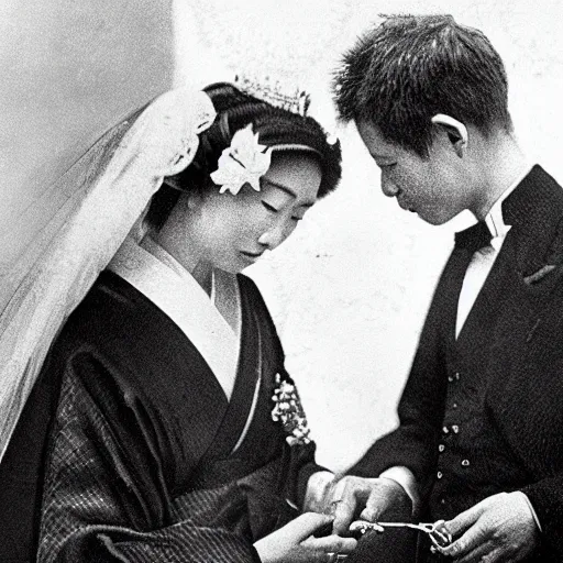 Image similar to An extreme closeup shot, colored black and white Russian and Japanese mix historical fantasy photographic portrait of a Royal wedding of the empress and emperor exchanging the wedding rings, golden hour, warm lighting, 1907 photo from the official wedding photographer for the royal wedding.