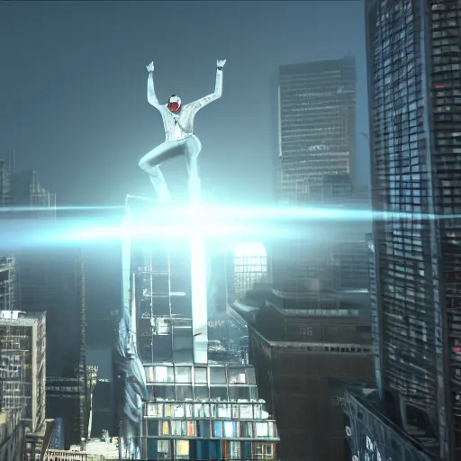 Image similar to Michael Jackson as spiderman, light reflection through buildings, 4K Unreal Engine Unity style