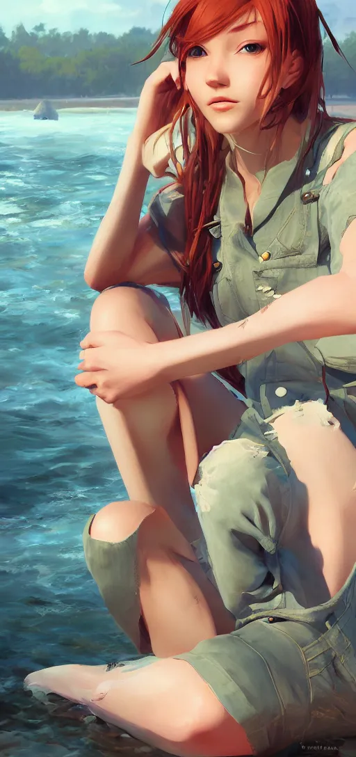 Image similar to southern ginger woman in ripped overalls sitting beside a river, airbrushed, hazy, gentle, soft lighting, wojtek fus, by makoto shinkai and ilya kuvshinov,