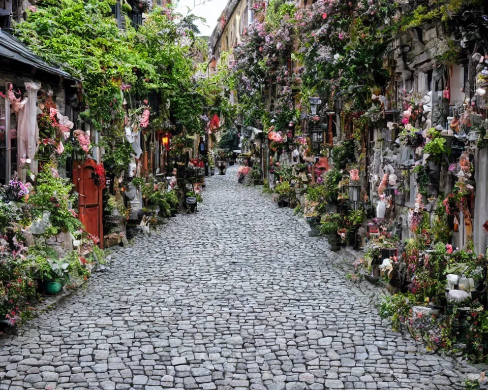 Prompt: cobblestone streets filled with fae, magical, faerie, fanciful