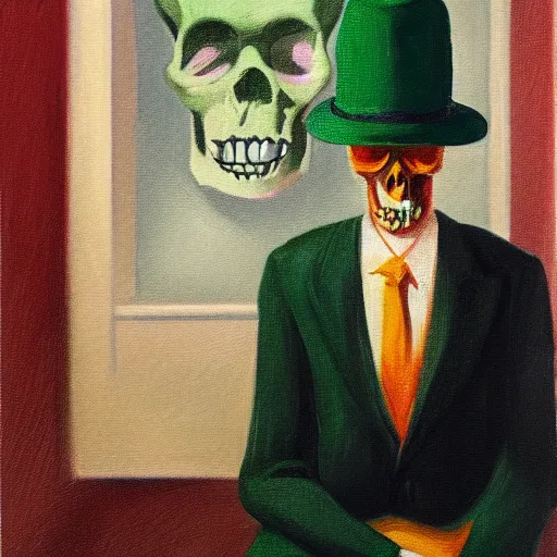 Image similar to a portrait painting of a man with a skull as his head, man is wearing a suit, the skull is green, in the style of edward hopper, 4 k,