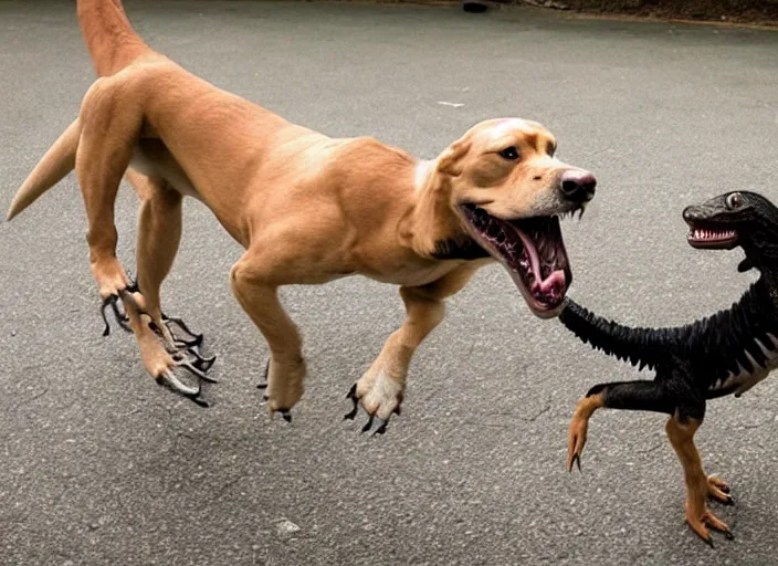 Prompt: photo of a dog playing with a velociraptor