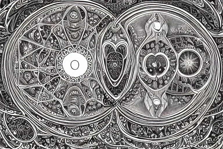 Image similar to an ornate illustration in the styles of mandalas and fractals, the styles of escher and penrose, depicting a weasel staring deep into the heart of the impossible all - and - nothing of the emerging singularity ; / what has god wrought? / he seems to be whispering.