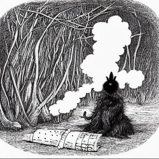 Prompt: a pen and ink drawing of a deep dark tangled forest, a white rabbit smoking a cigarette while reclining, a lingering smoke cloud, childrens illustration, by edward gorey, by gustav dore