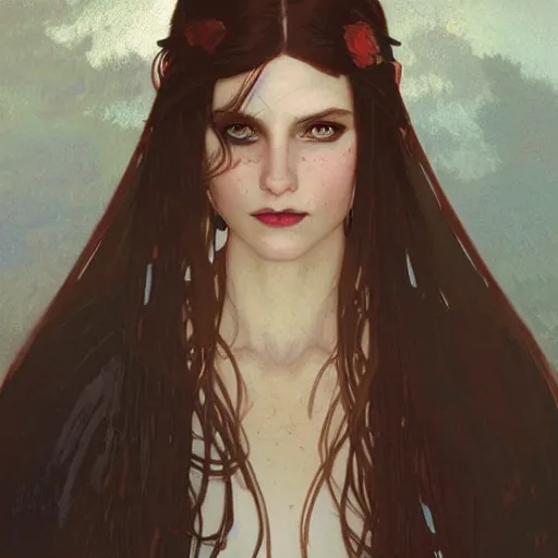 Image similar to Digital portrait of a pretty half-elf half-vampire young woman. Her eyes have red irises and vertical pupils. Art by Greg Rutkowski and Alphonse Mucha