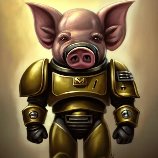 Image similar to cute little anthropomorphic Pig Space Marine, tiny, small, short, Space marine, cute and adorable, pretty, beautiful, DnD character art portrait, matte fantasy painting, DeviantArt Artstation, by Jason Felix by Steve Argyle by Tyler Jacobson by Peter Mohrbacher, cinema