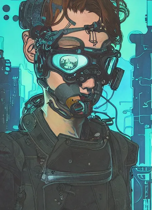 Image similar to cyberpunk deep sea diver. portrait by ashley wood and alphonse mucha and laurie greasley and josan gonzalez and james gurney. splinter cell, apex legends, rb 6 s, hl 2, d & d, cyberpunk 2 0 7 7. realistic face. character clothing. vivid color. dystopian setting.