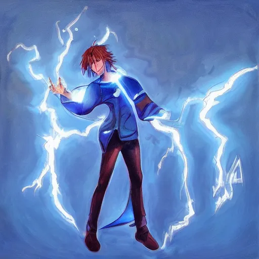 Prompt: All at once I found myself to be like a bolt of blue lightning, the shinkai blue album, oil and unreal engine painting, Kiraku Yumeno's Song