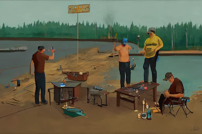 Prompt: mid - thirties guys binge drinking and fishing, in the style of simon stalenhag