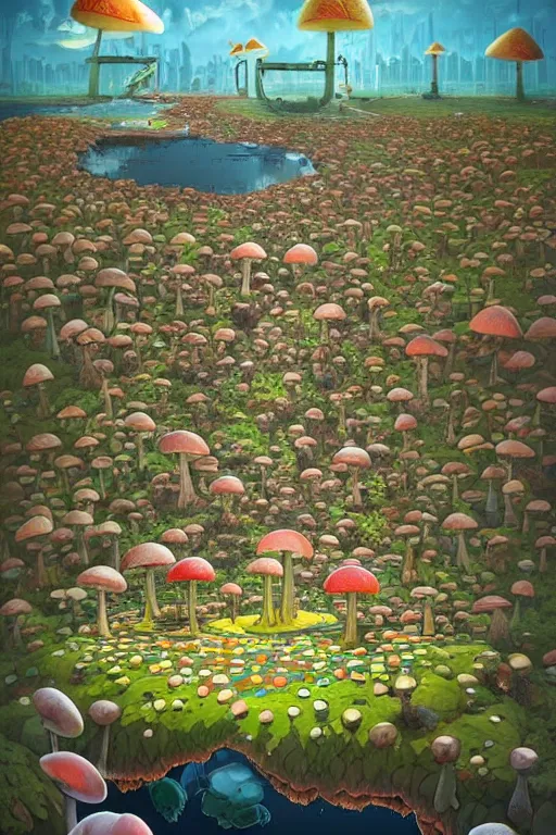 Image similar to surreal mushroom kingdom, floating island in the sky, water pipes in the ground, summer morning, very coherent and colorful high contrast, art by!!!! gediminas pranckevicius!!!!, geof darrow, dark shadows, hard lighting