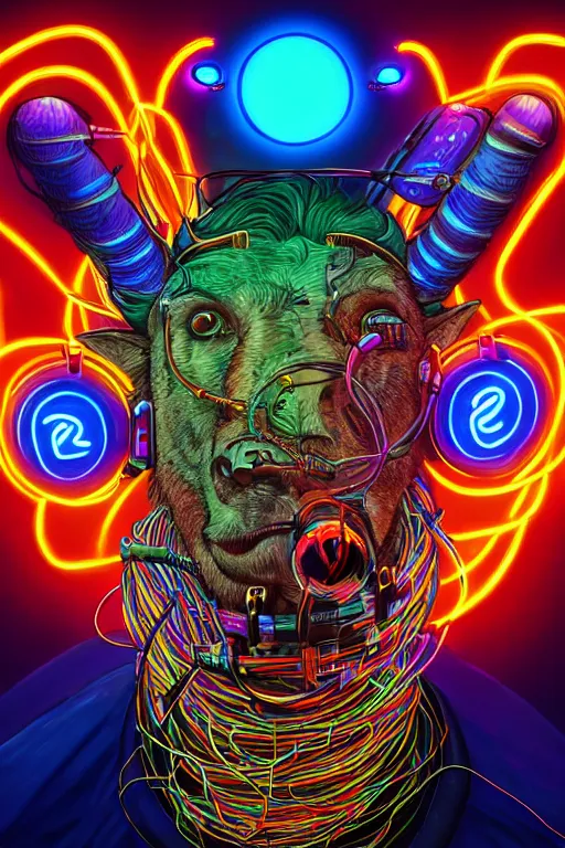 Image similar to stunning highly detailed portrait of an ugly old billy goat with cyber headgear surrounded by wires, neon colors, oil on canvas, strong lighting, by Josan Gonzalez, HD, 4K