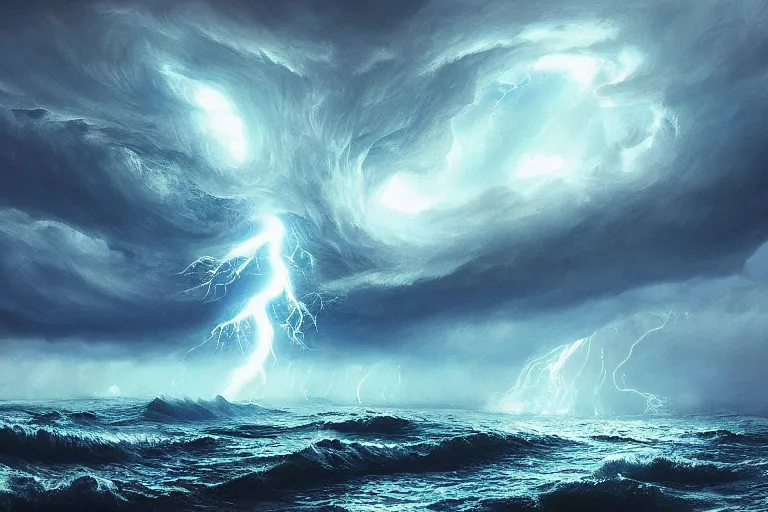 Prompt: photo of monstrous tornado over stormy seas, night, backlit, blue sprites, hyperdetailed, artstation