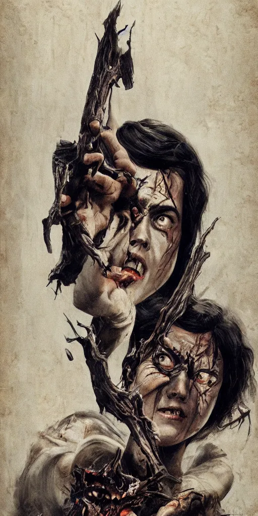 Prompt: vintage movie poster for evil dead by makoto shinkai greg manchess, sharp focus, trending on artstation, cinematic lighting, hyper realism, sakimichan, 8 k, hyper detailed.