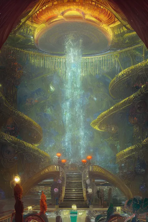 Prompt: Concept Digital Art Highly detailed Alien Art Deco Riza 4 lazy river inside of the Vosian Opera with glowing orange water at midnight, starfleet, by greg rutkowski, Ilya repin, alphonse mucha, and Edmund Blair Leighton. Very highly detailed 8K, exquisite rendering, octane, drum scanner, Digital painting, the golden ratio, rational painting, sharp