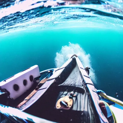 Prompt: underwater view of boat passing overhead, wake, shot on gopro