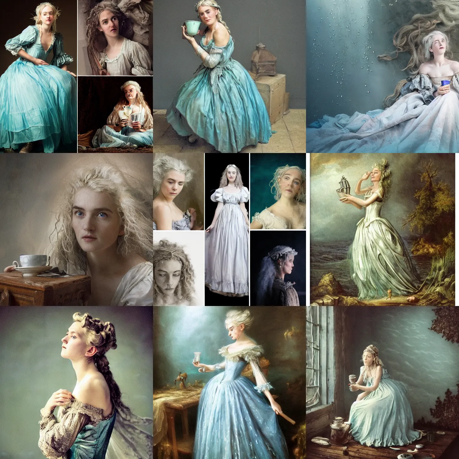 Prompt: A 18th century, messy, silver haired, (((mad))) elf princess (similar to young Kate Winslet), dressed in a ((ragged)), wedding dress, is ((drinking a cup of tea)). Everything is underwater and floating. Greenish blue tones, theatrical, (((underwater lights))), high contrasts, fantasyconcept art, inspired by John Everett Millais's Ophelia