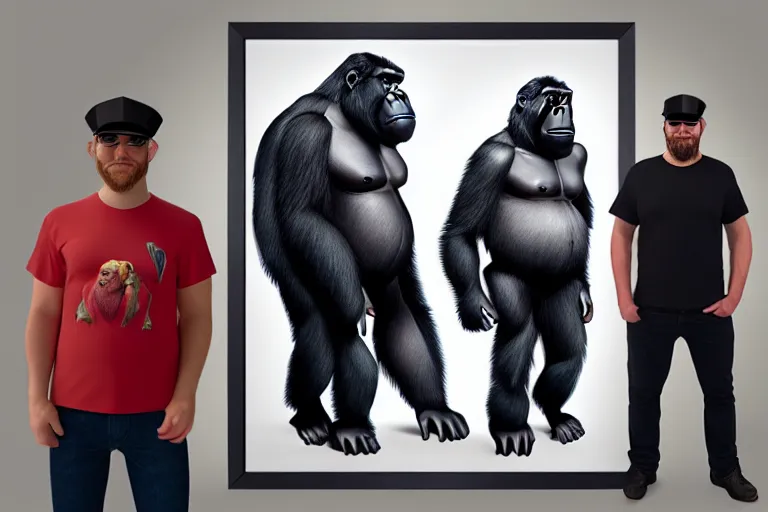 Image similar to Gorilla standing beside a framed portrait of a man wearing a novelty cap with a propeller, hyperrealistic, concept art, 8k, artstation, cinematic, volumetric lighting