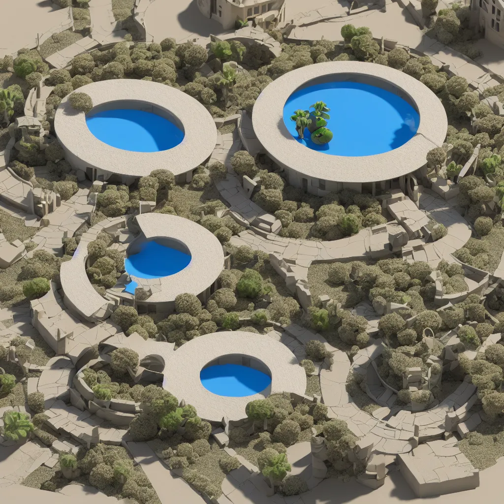 Prompt: architectural model, isometric view, 3 d render, studio lighting, low contrast, brightly lit studio, highly detailed, a circular house with circular courtyards, pool, on rocks on a desert