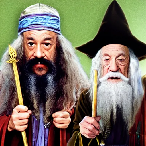 Image similar to Cheech & Chong as Dumbledore and Gandalf, Full-Wizard smock and hat, wizard's chain-necklace and spell scepter