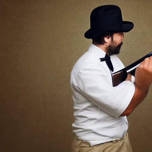 Prompt: a fedora-wearing gentleman unsheathing his magical katana,striking photography