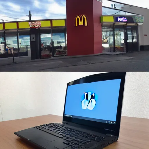 Prompt: a very big husky dog using his old lenovo desktop to search the internet for how to use Discord, there is a McDonalds across the street from the dog's house