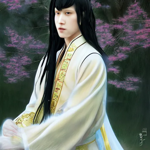 Image similar to a portrait of a young beautiful prince, golden eyes, long black hair, white hanfu, elegant, intricate, backlit, incredible lighting, strong rim light, subsurface scattering, photorealistic, epic beautiful landscape, cherry trees, highly detailed, digital painting, by Heise Jinyao, Heise-Lian Yan Fang, Feimo, Rossdraws, HDRI, vivid colors, high contrast, 8k