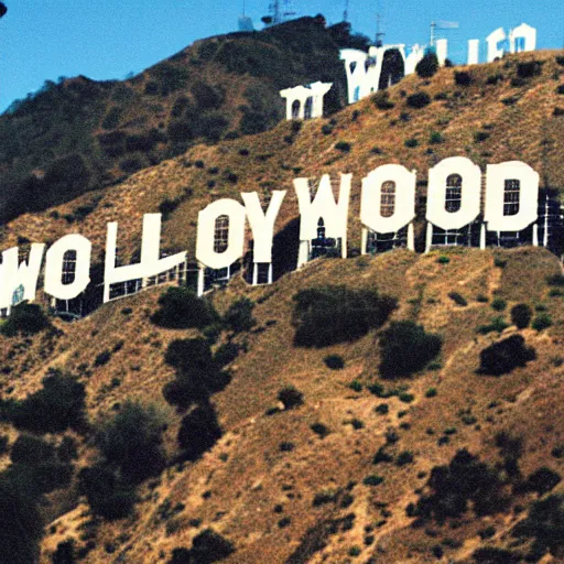 Prompt: photo monkey climbing hollywood sign, cinestill, 800t, 35mm, full-HD