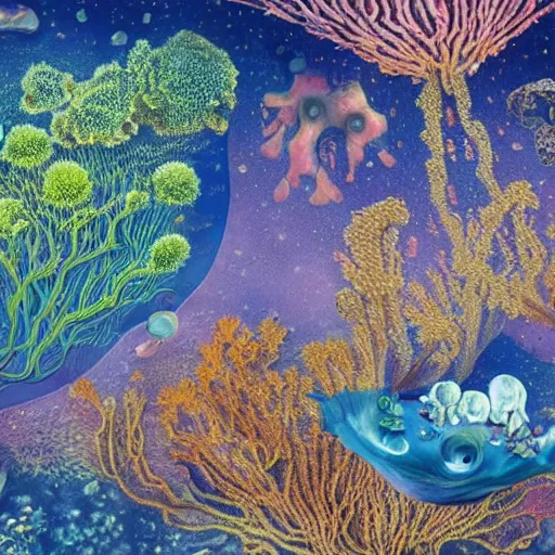 Prompt: beautiful and artistic mycelium on a fantastic planet and unusual inhabitants of the oceans, highly detailed