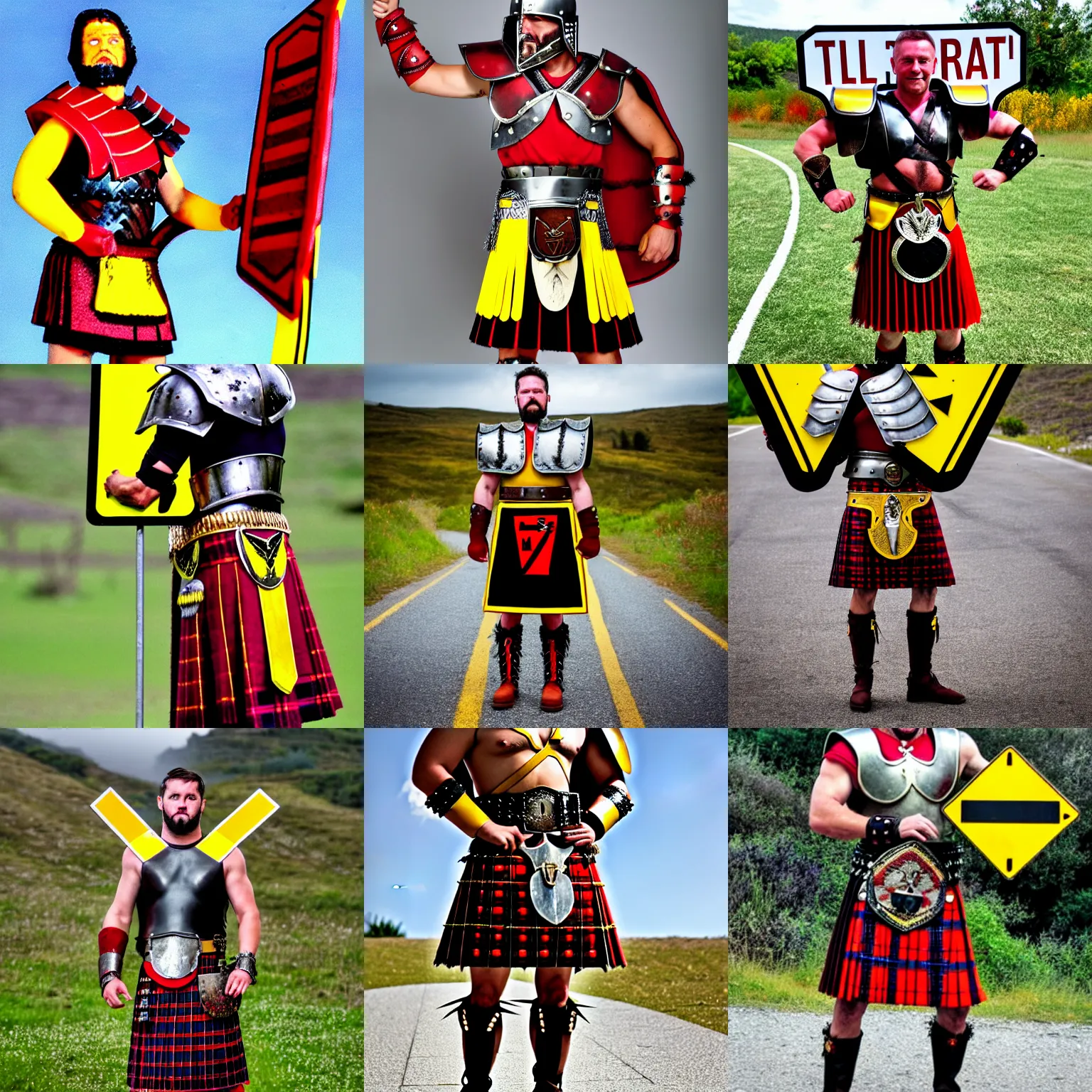 Prompt: gladiator wearing a road sign on his kilt, red and yellow road sign armor shoulder pads