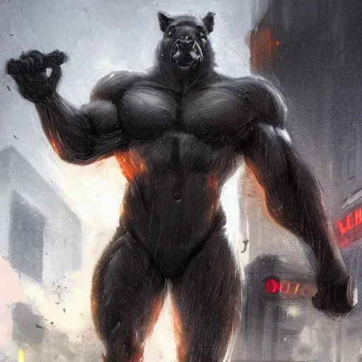 Prompt: a massive musclebound black - furred male anthro horse wearing a tactical outfit in a city warzone, bulging muscles, equine, highly detailed, digital painting, artstation, sharp focus, smooth, concept art, illustration, art by artgerm, greg rutkowski, wlop