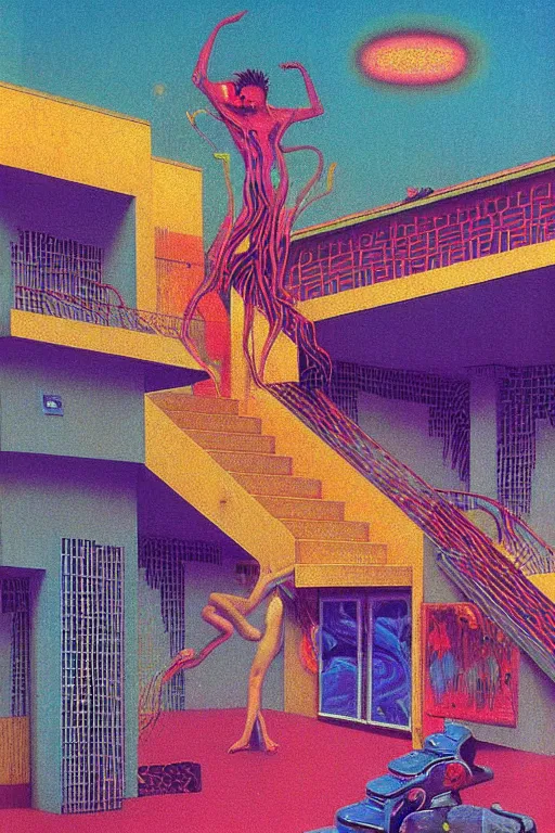 Prompt: 8 0 s art deco motel with swimmingpool, cinematic dramatic cyberpunk textural fluid lines otherworldly vaporwave interesting details fantasy lut epic composition by basquiat zdzisław beksinski james jean artgerm rutkowski moebius francis bacon gustav klimt