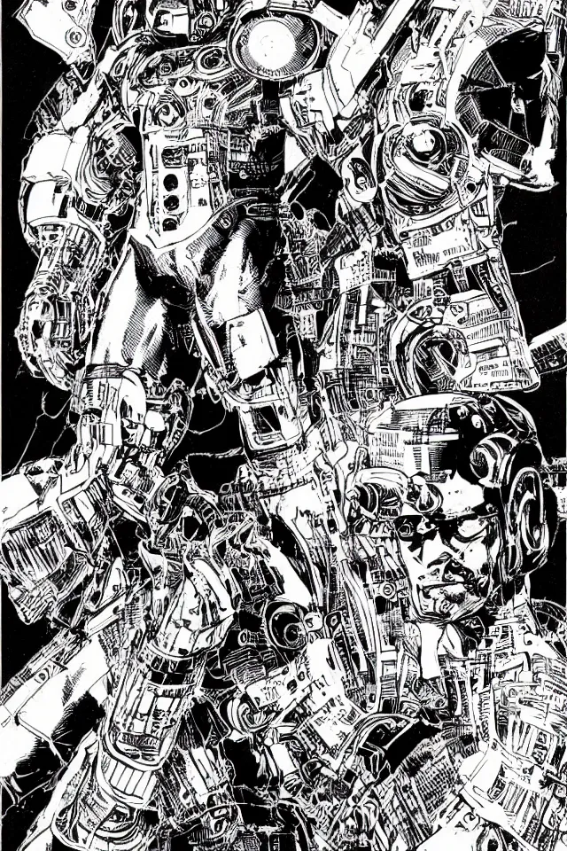 Prompt: comic book illustration, portrait of Machine Man, concept art by Barry Windsor-Smith, sci-fi, sharp focus, Trending on Artstation HQ, deviantart