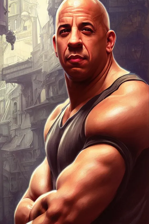 Image similar to vin diesel as mario from super mario bros, realistic portrait, symmetrical, highly detailed, digital painting, artstation, concept art, smooth, sharp focus, illustration, cinematic lighting, art by artgerm and greg rutkowski and alphonse mucha