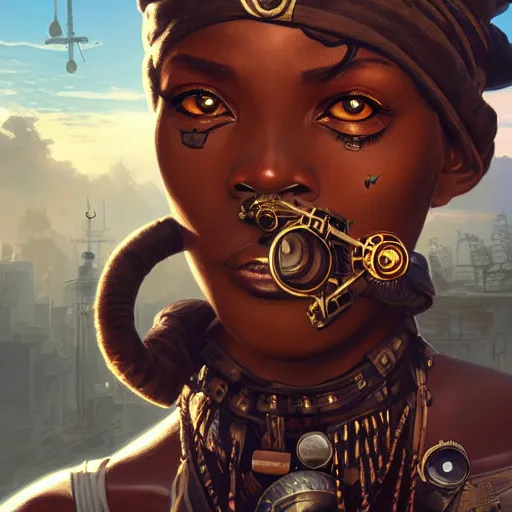 Image similar to african steampunk bandit, science fiction, highly detailed, digital painting, beautiful eyes, symmetry, concept art, sharp focus, illustration, global illumination, radiant light, detailed and intricate environment, art by artgerm and greg rutkowski and magali villeneuve and ilya kuvshinov!