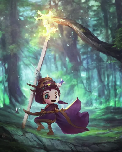 Image similar to oil painting of a MapleStory mage, cute chibi, attacking, casting a spell with a spear, wearing long magical robes, sharp focus, fantasy style, octane render, volumetric lighting, 8k high definition, by greg rutkowski, highly detailed, trending on artstation, magic the gathering artwork, magical forest background from MapleStory, centered