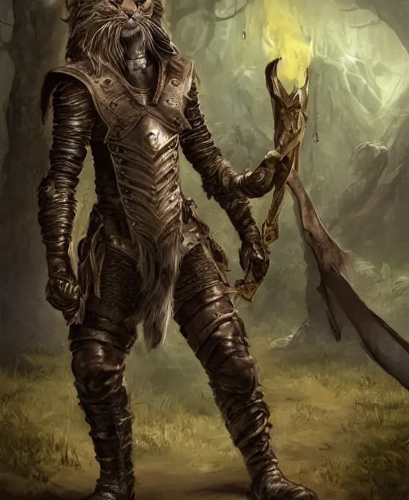 Image similar to humanoid male khajiit rogue, wearing leather armor, mainecoon cat features with black fur, far - mid shot, magic the gathering, fantasy