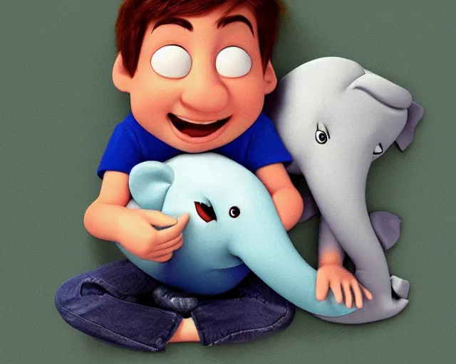 Image similar to detailed cartoon portrait of a little boy hugging his elephant pillow, pixar, sharp high quality