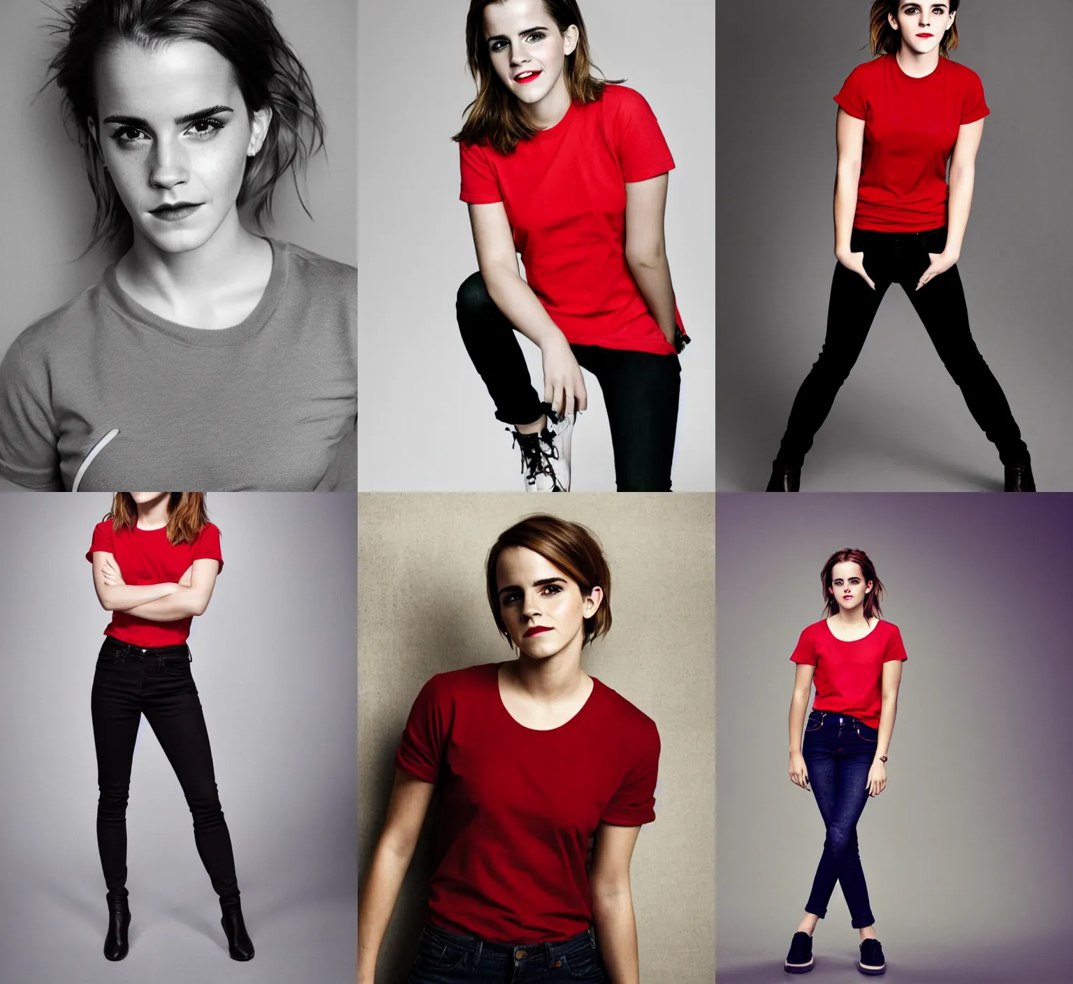 Prompt: emma watson wearing a red t-shirt and black jeans, studio lighting, photo shoot