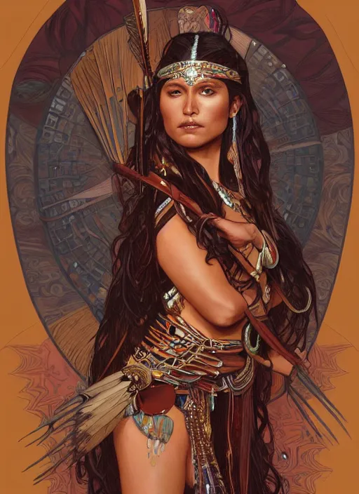 Prompt: Gina Tores as a beautiful native warrior woman, intricate, elegant, highly detailed, centered, digital painting, artstation, concept art, smooth, sharp focus, illustration, art by artgerm and donato giancola and alphonse mucha